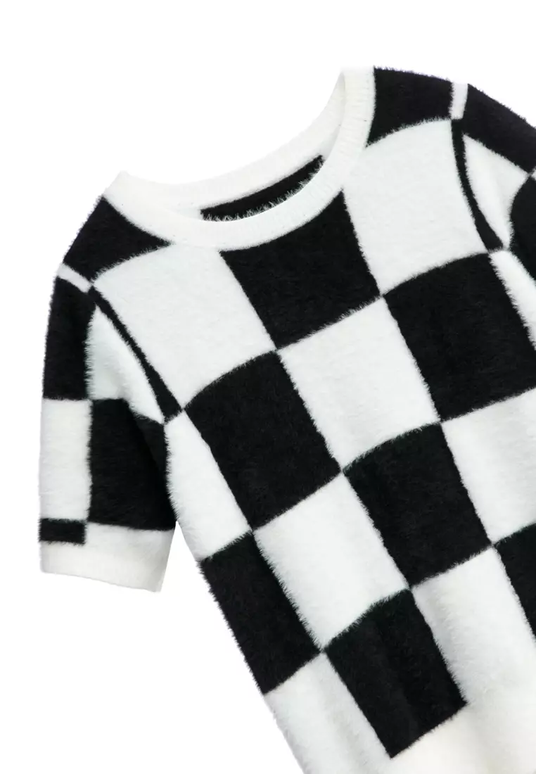 Black White Checkered Fuzzy Top
