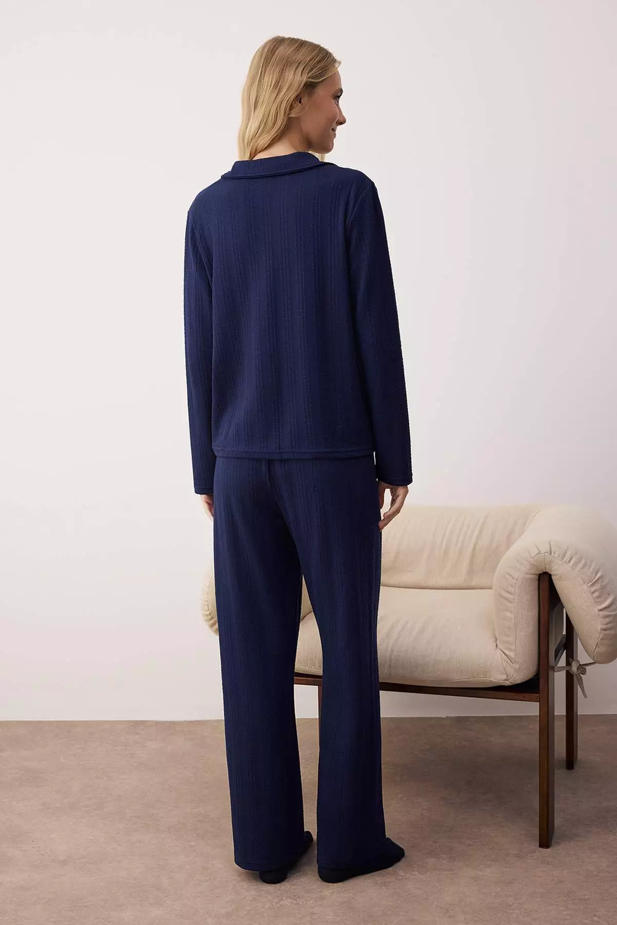 Navy Blue Textured Corduroy Soft Touch Winter Knitted Pajama Set
