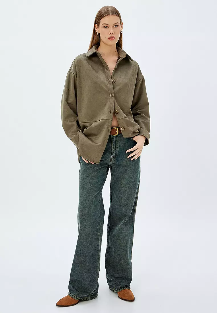 Long Sleeve Buttoned Faux Suede Shirt Jacket