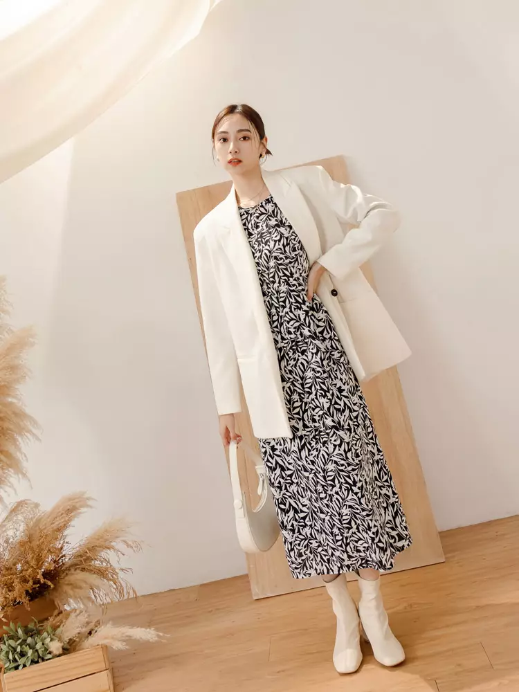 Wrinkle-Free Print Cinched Waist Long Sleeve Long Dress [DA9851]