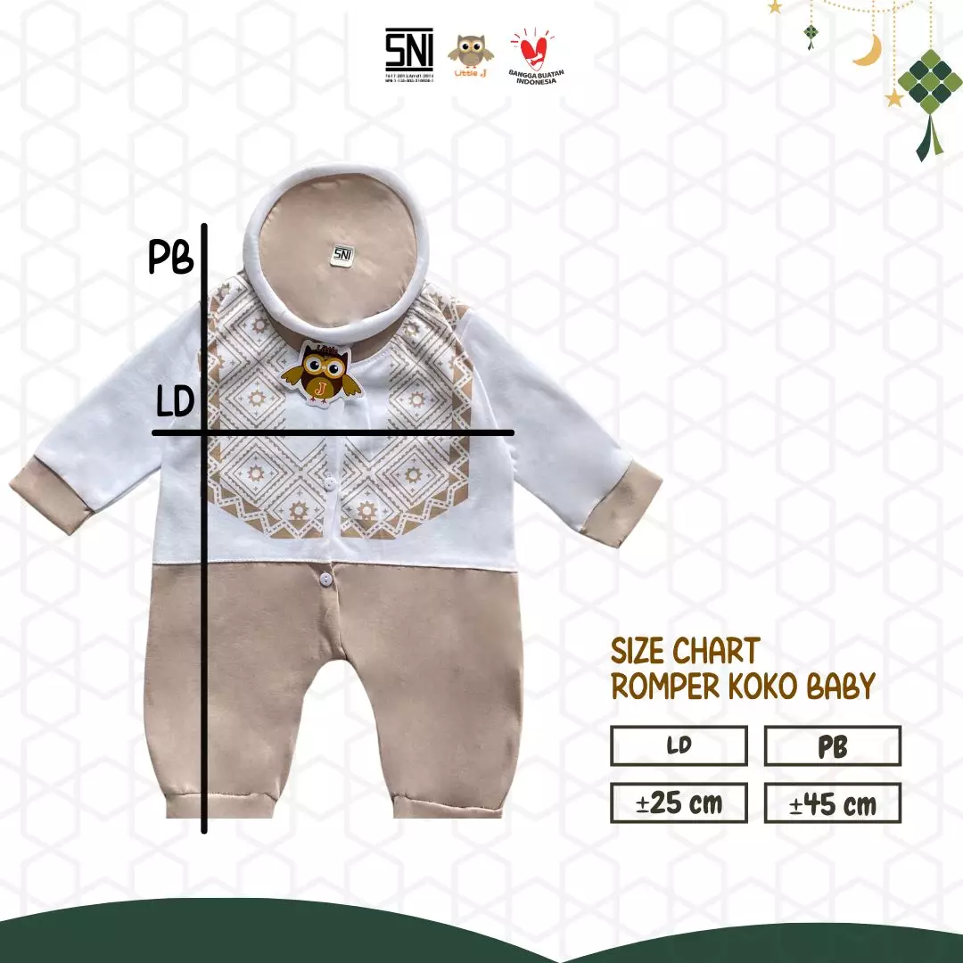 Little J - (1562 COKLAT) Raya Collection Romper Koko Baby Setelan Baju Koko Bayi SNI Muslin Cowok Jumper Koko 0-9 Bulan Peci Double Knitted Sablon Aplikasi Kudung 3 Kancing Hidup