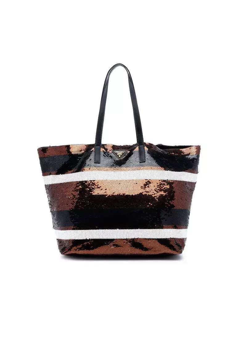 Pre-Loved Prada Sequined Satin Stripes Tote