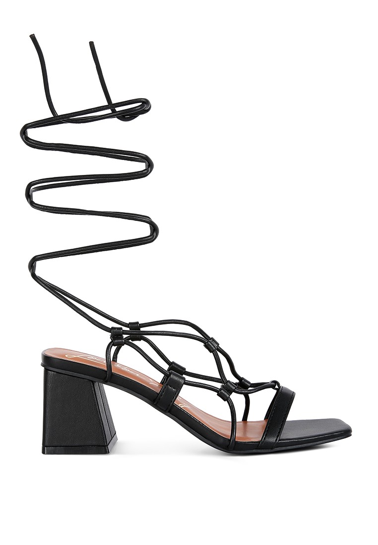 Black Lace Up Block Heeled Sandal