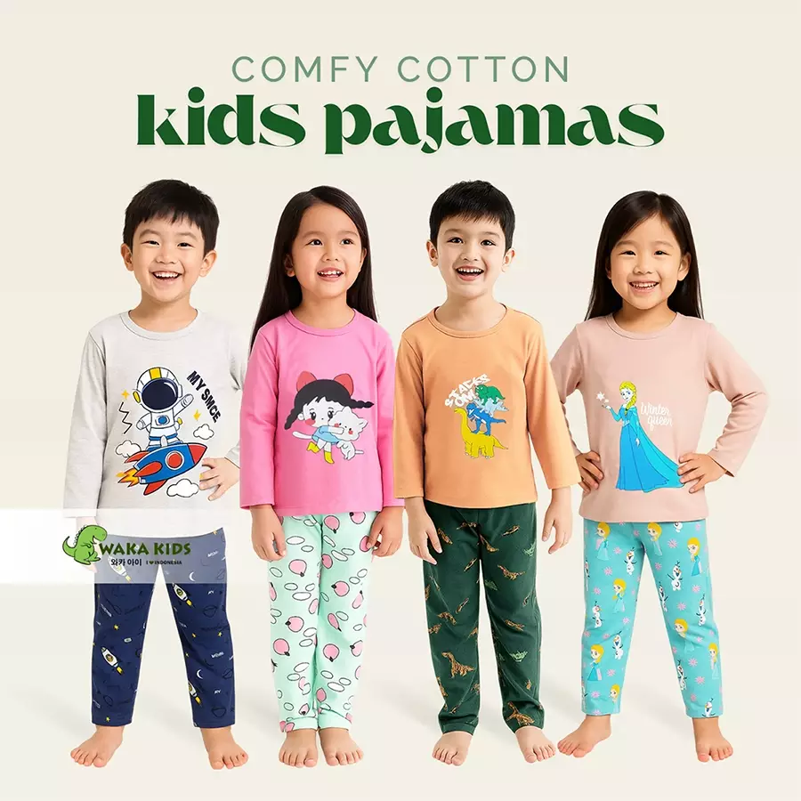 Wakakids Piyama Anak Cotton Setelan Baju Tidur Lengan Panjang Pajama Set Sleepwear Motif Dinosaurus Bahan Adem dan Lembut Venrz 4499