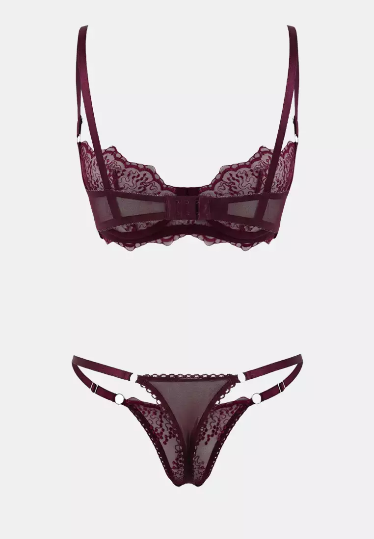 Burgundy Brode Floral Capless Underwear Set Thmss26Cc2