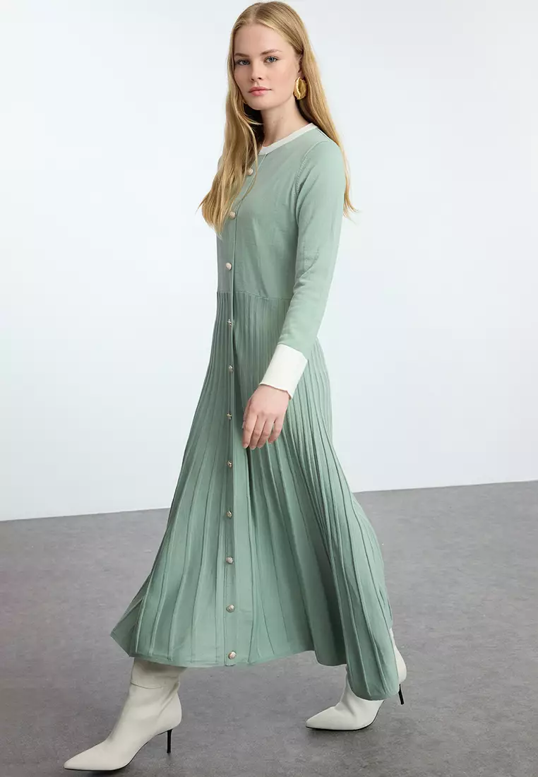 Color Blocked Mint Pleated Knitwear Dress - Tctaw25Eb00092