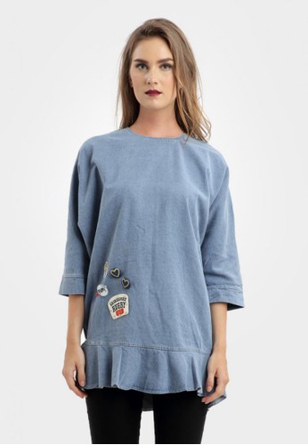 Disca Patched Oversized Denim Blouse in Blue