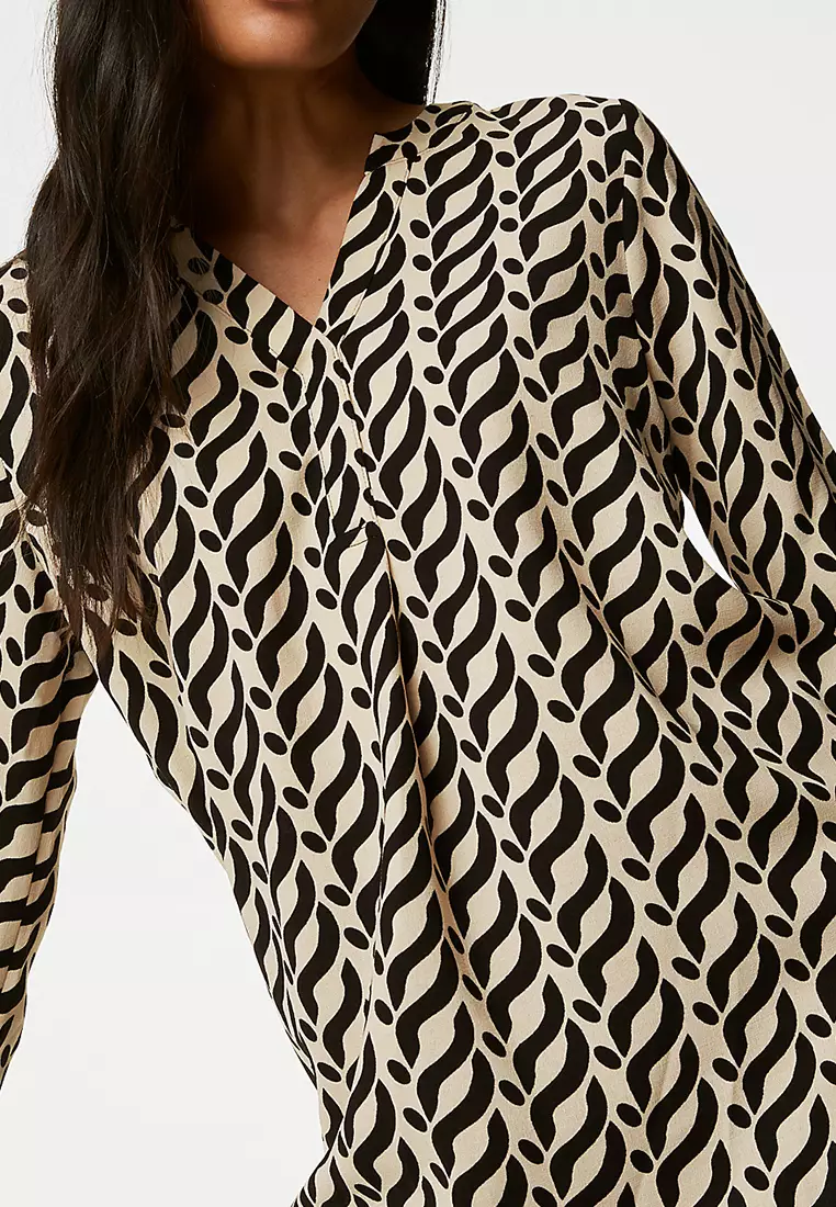 Printed V-Neck Popover Blouse