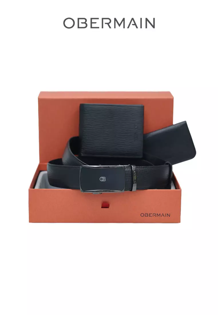 Men's Giftset RFID Wallet & 35MM Automatic Buckle Belt Free Cardholder Genuine Leather Black