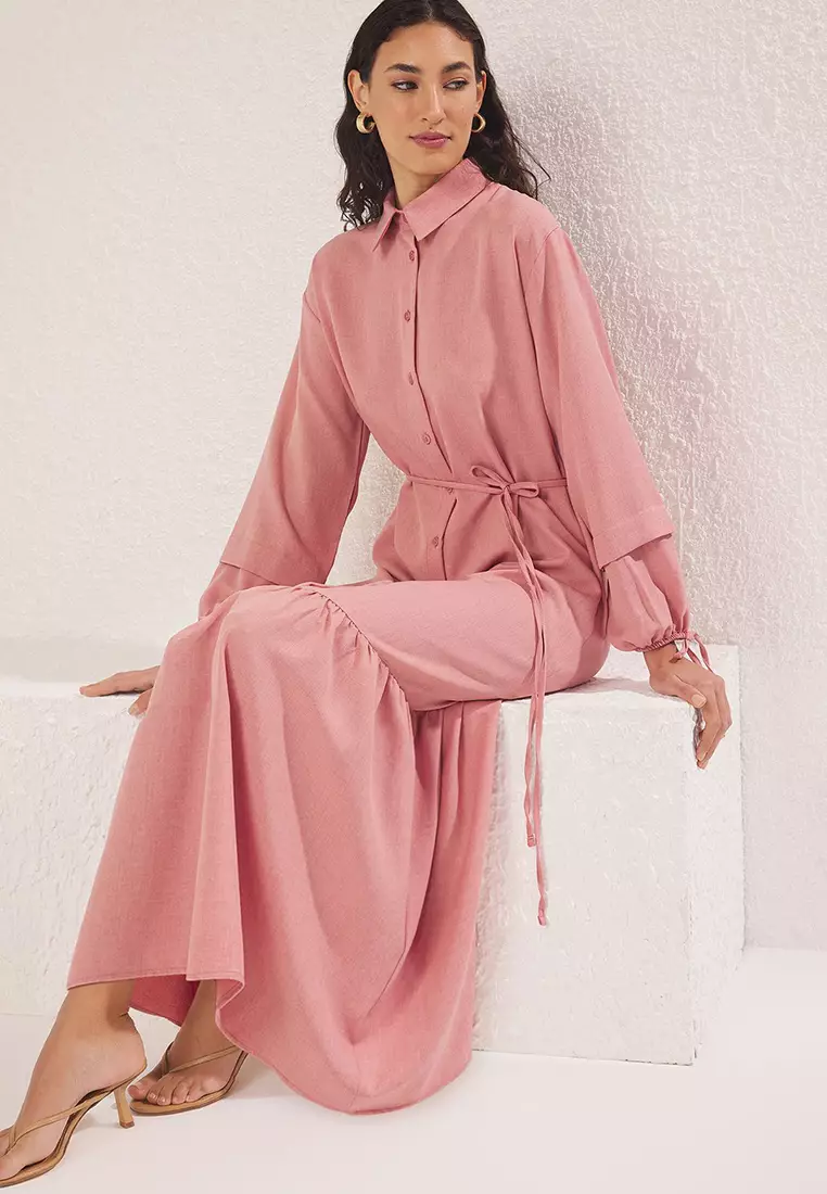 Dusty Rose Lace Detailed Linen Look Woven Dress TCTSS25EB00111