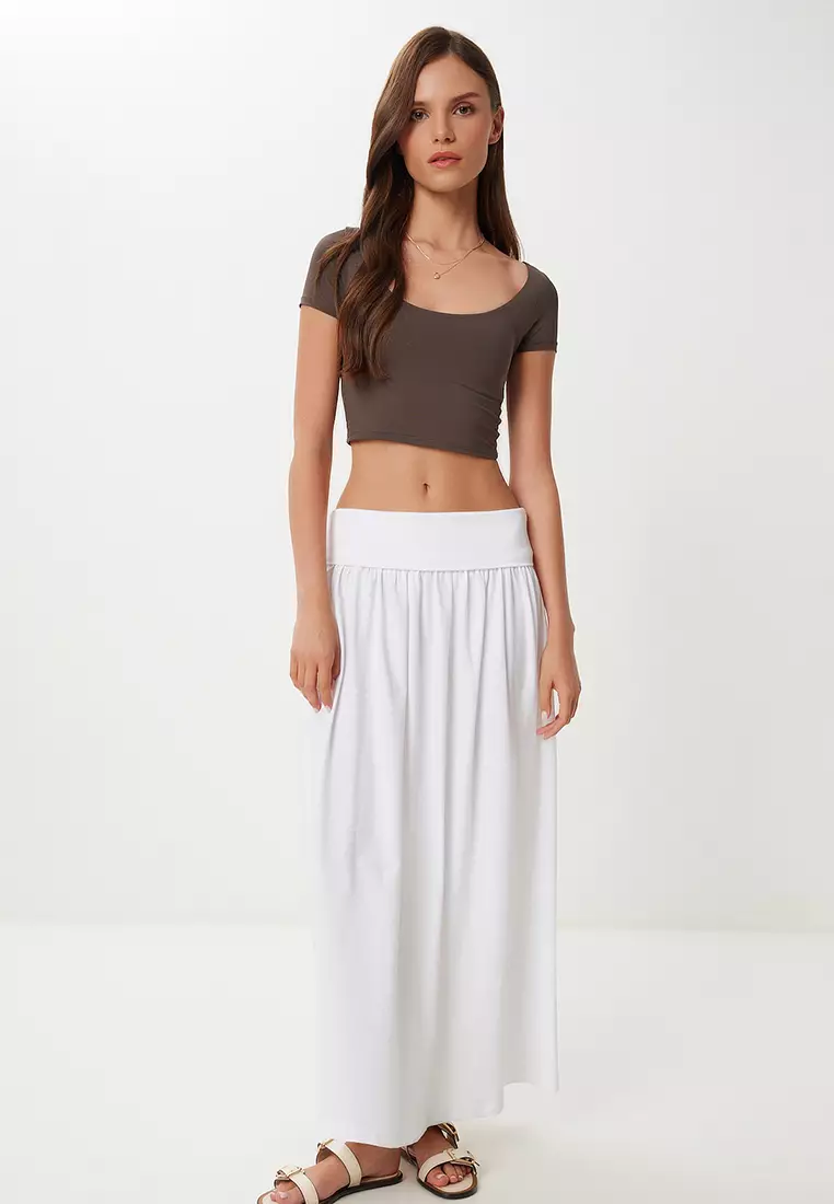 Women's Ecru Long Summer Flexible Knitted Skirt Cr00519