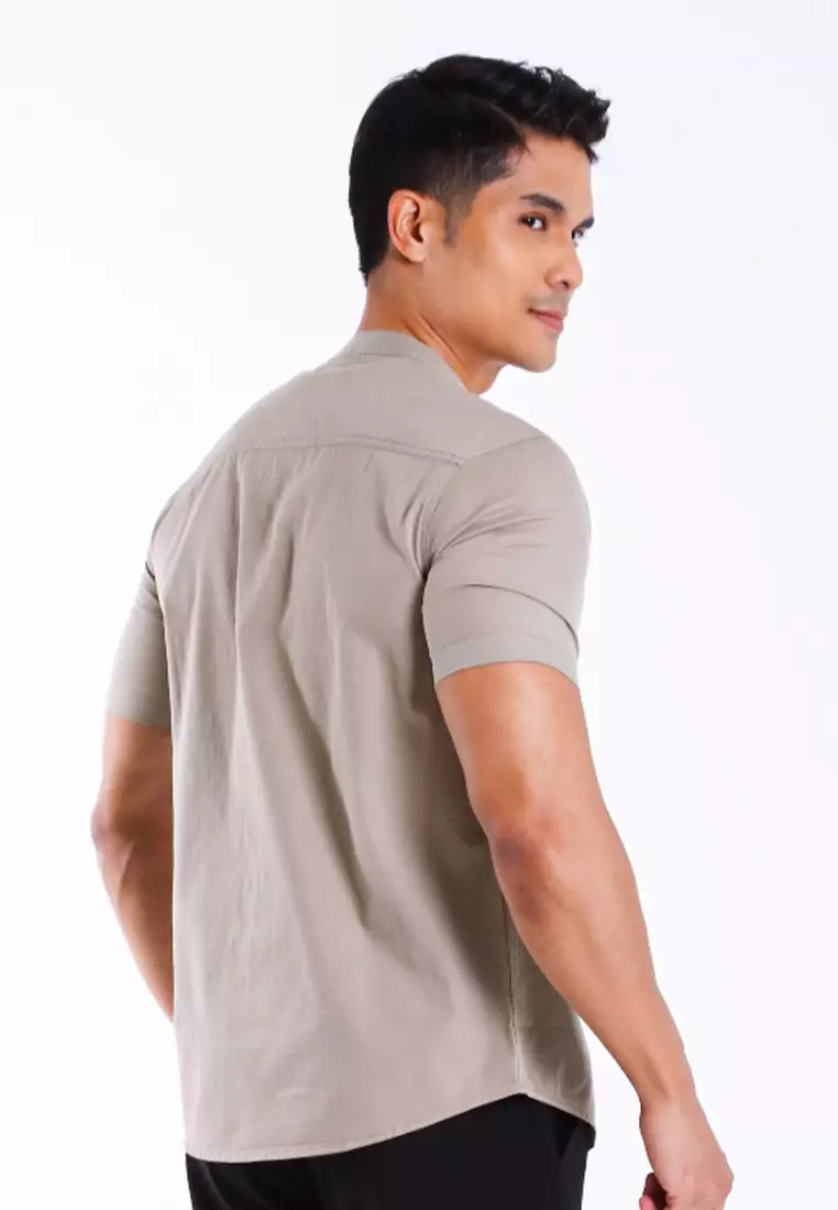 Forest Woven Mandarin Collar Short Sleeve Men Shirt | 621405-14KhakiGreen