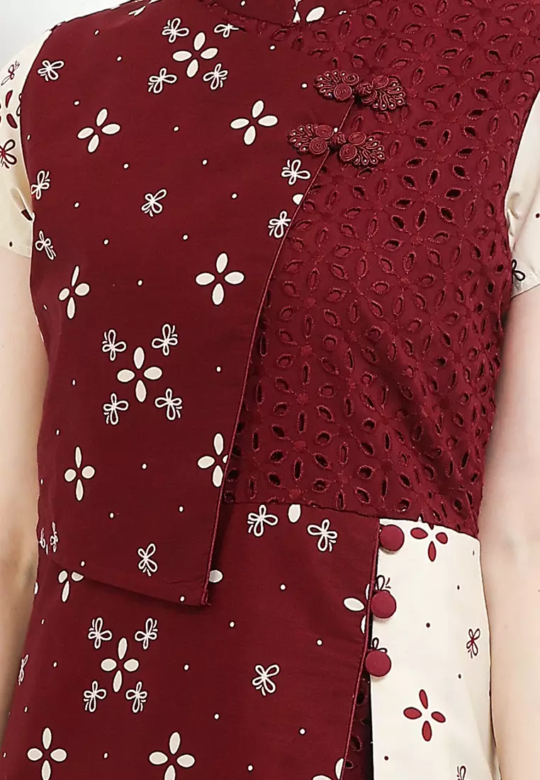 Dress Batik Wanita Furing Kombinasi Lace Brukat Areeya Merah Maroon Lengan Pendek Natal Imlek Cheongsam Bodyfit