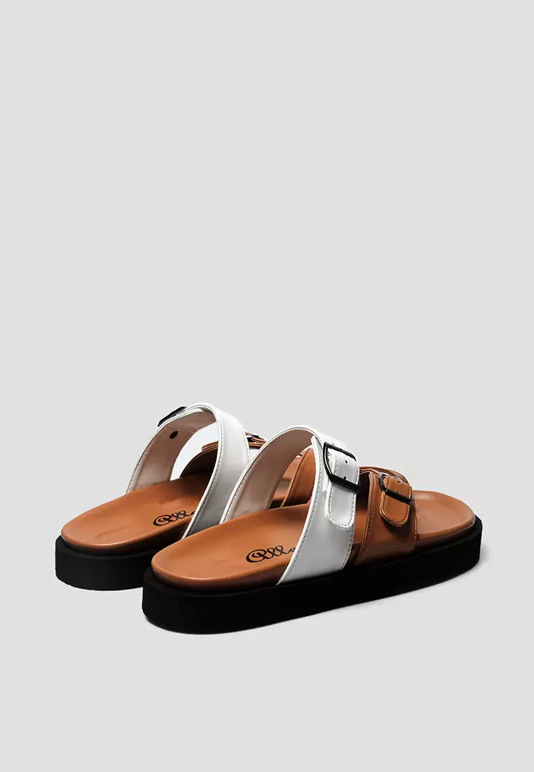 Malika Brown White Slide Sandals