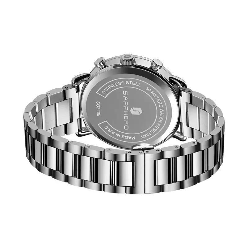 Jam Tangan Pria Sapphero SO-2205-SLVBLU Chronograph Blue Dial Stainless Steel Strap Quartz Watch 5 ATM Water Resistant