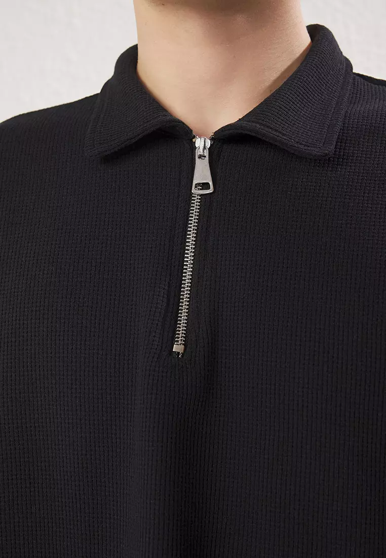 Black Oversize/Wide Cut Textured Zippered 100% Cotton Polo Neck T-shirt