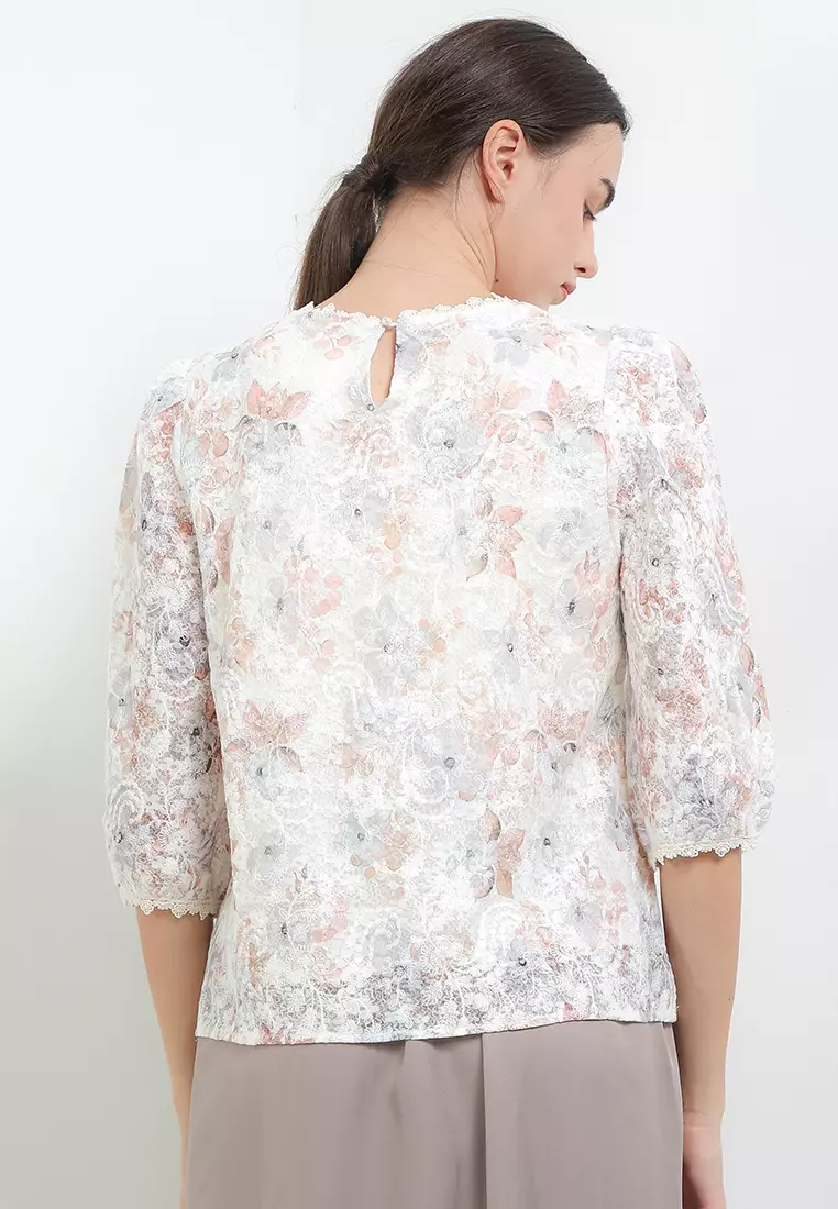 3/4 Sleeves Flo Mesh Print Emb Lace Trimmed Blouse