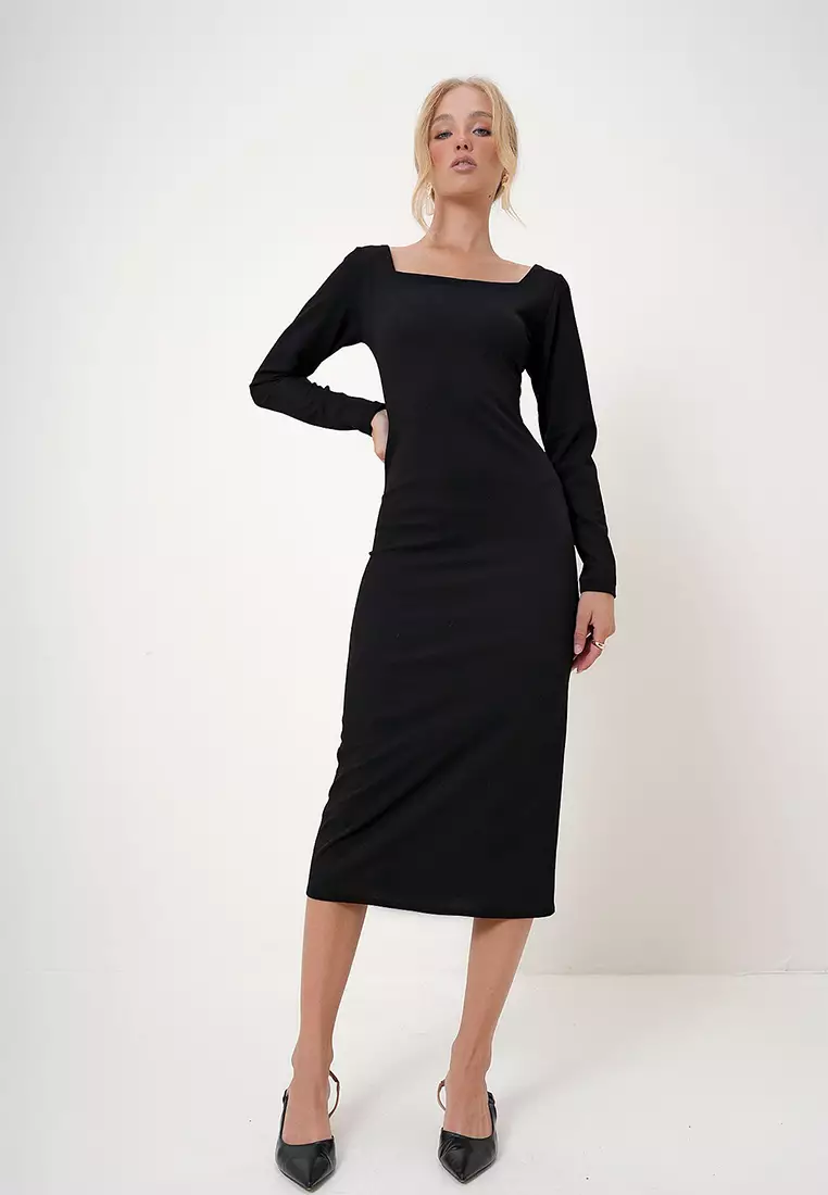 Women's Black Square Neck Midi Length Zippered Crepe Knit Dress Alc-X12785