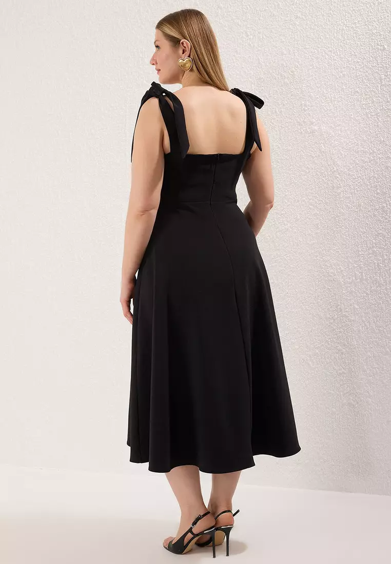 Black A-Line Strap Binding Detail Woven Dress