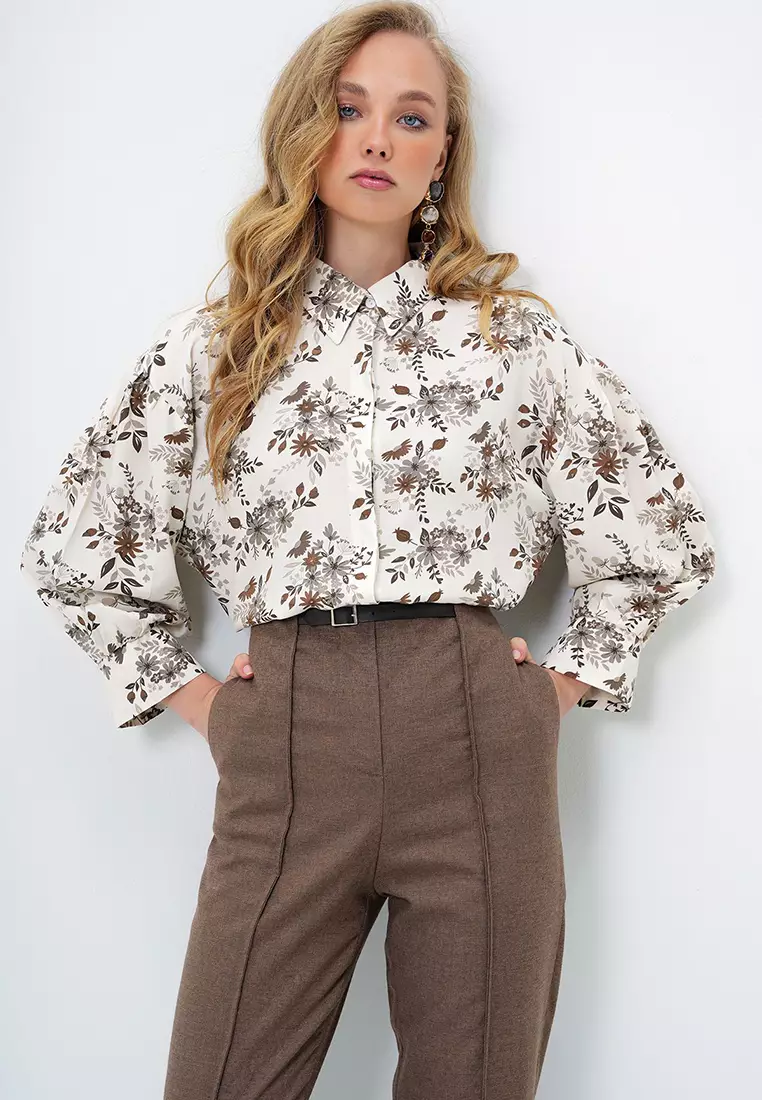 Women's Brown Floral Balloon Sleeve Patterned Printed Viscon Woven Shirt Alc-X9654