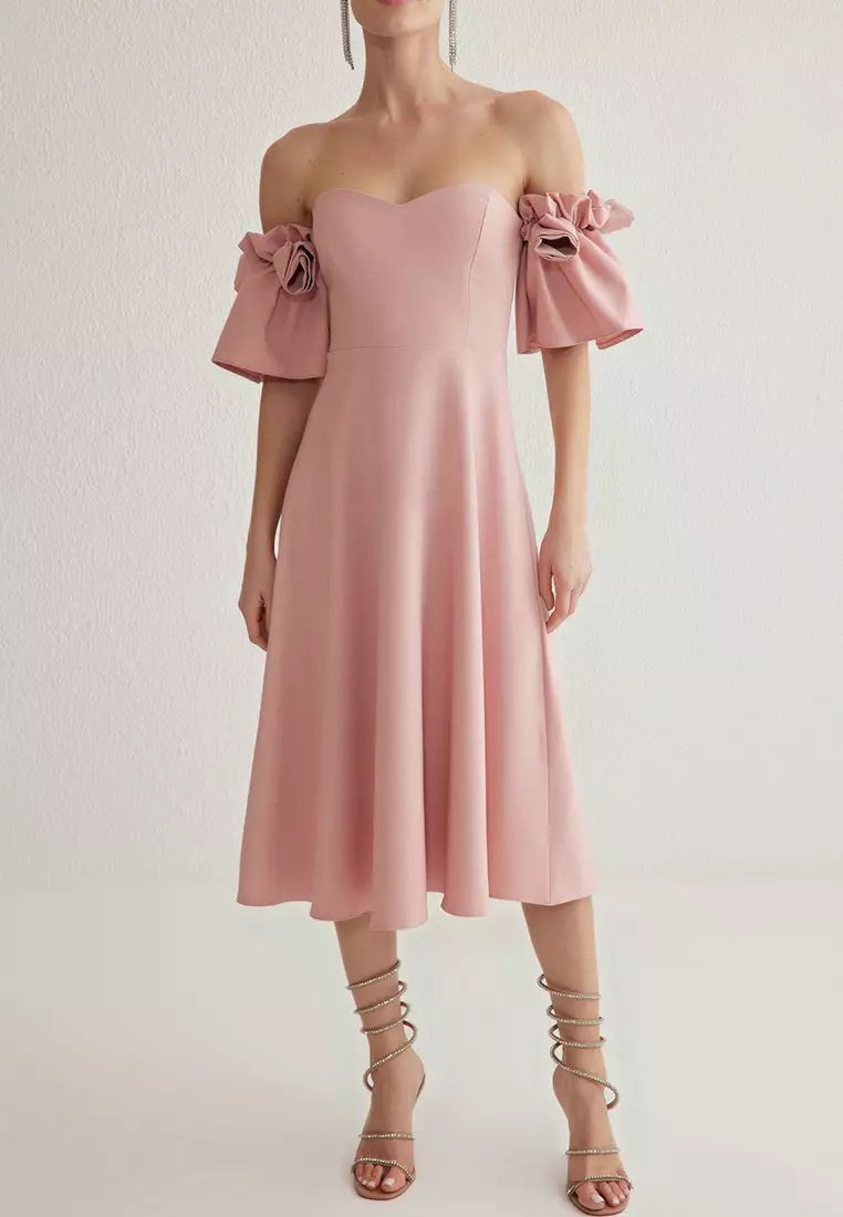 Powder A-Line Rose Detailed Woven Chic Dress