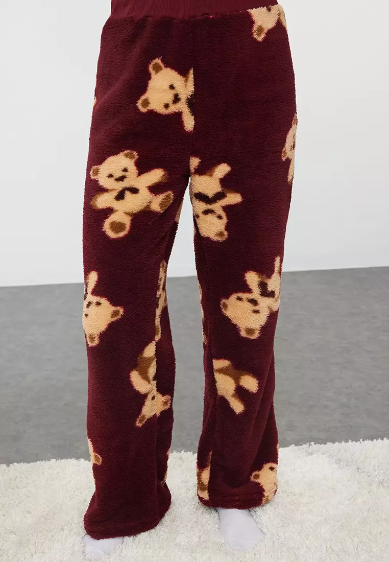 Claret Red Teddy Bear Wellsoft Winter Knitted Pajama Set THMAW25PT00055