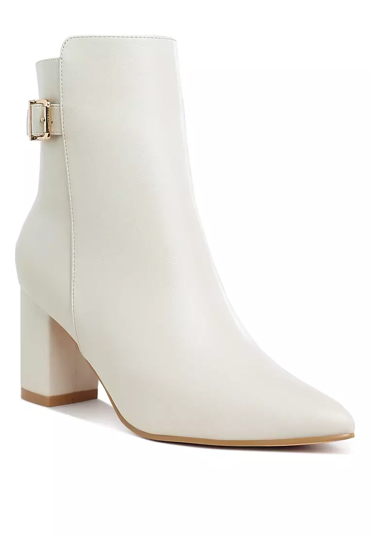 Belt Detail Block Heel Boots in Off White