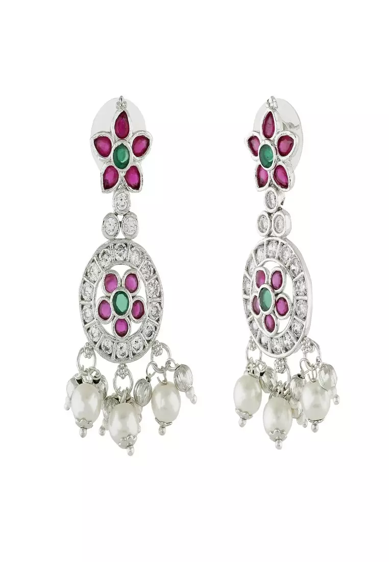 Estele Rhodium Plated CZ Flower Designer Bridal Earrings With Pearls For Women