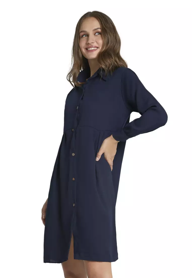 Catren Mini Dress Wanita Lengan Panjang Motif Solid Design Kasual Regular Fit - Navy
