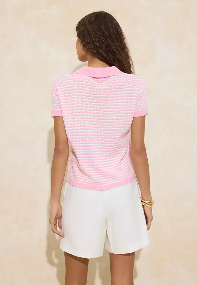 Pink Polo Neck Striped Knitwear Medium Blouse Twoss25Bz183