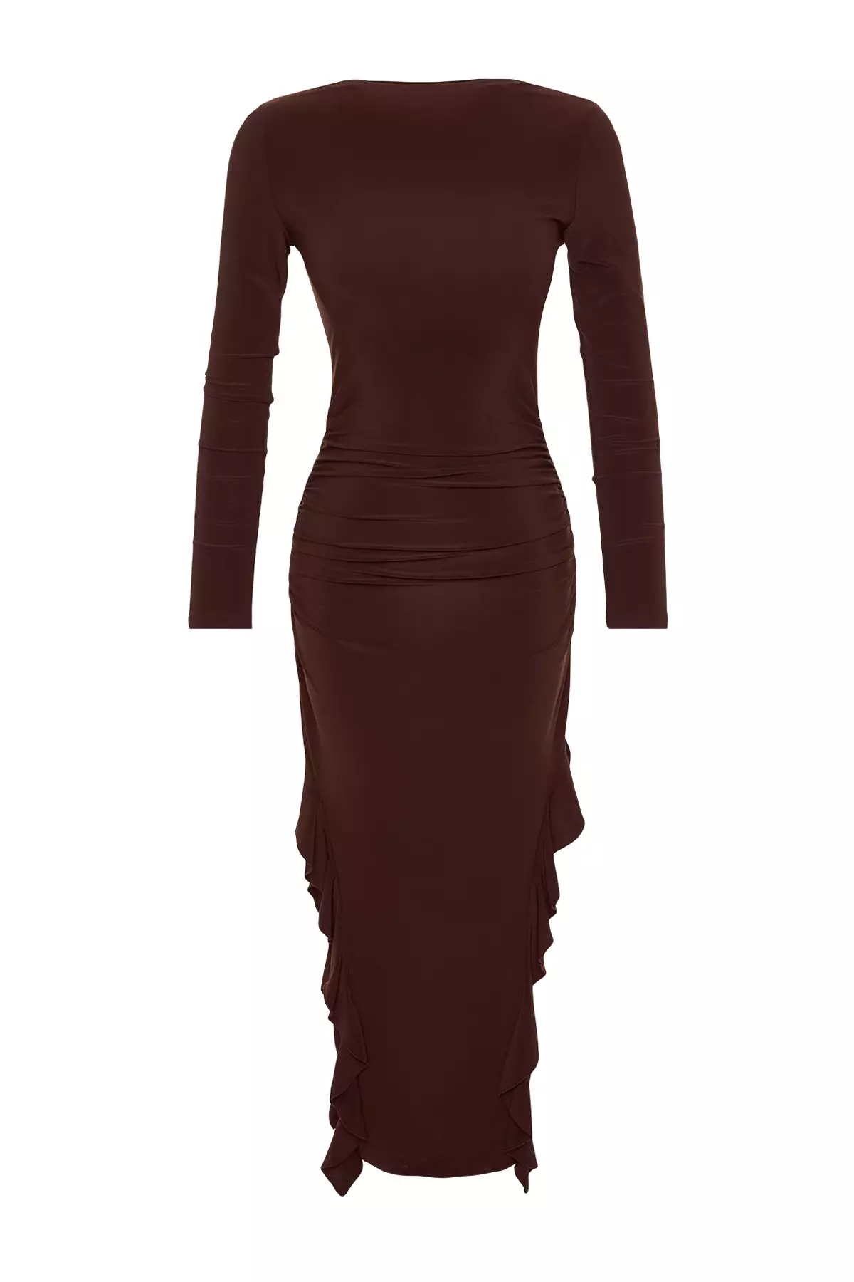 Boat Neck Ruffle Ruched Midi Dress