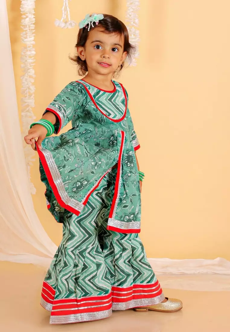 Viridian Green Girls Anarkali Kurta Sharara Set