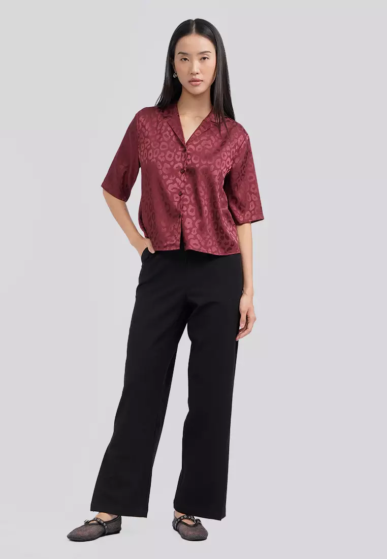 Notch Collar Printed Crop Blouse
