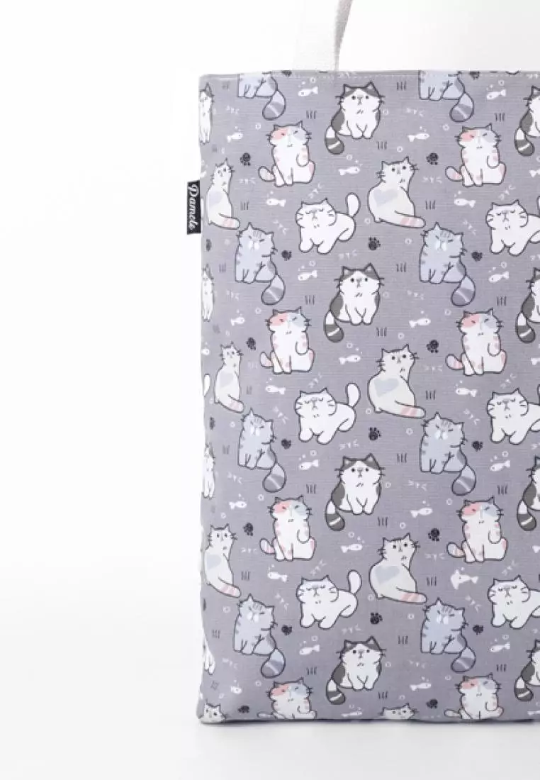 Pamole Tote Bag Wanita Bahan Kanvas Motif Penutup Resleting - Kucing Abu