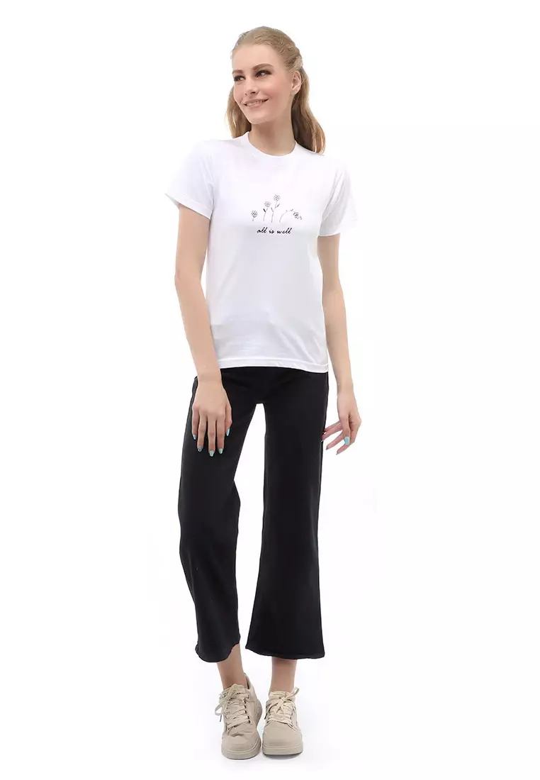 Genevie T-Shirt Kaos Kasual Wanita All Is Well Short Sleeve Material Cotton Combed ORIGINAL - White