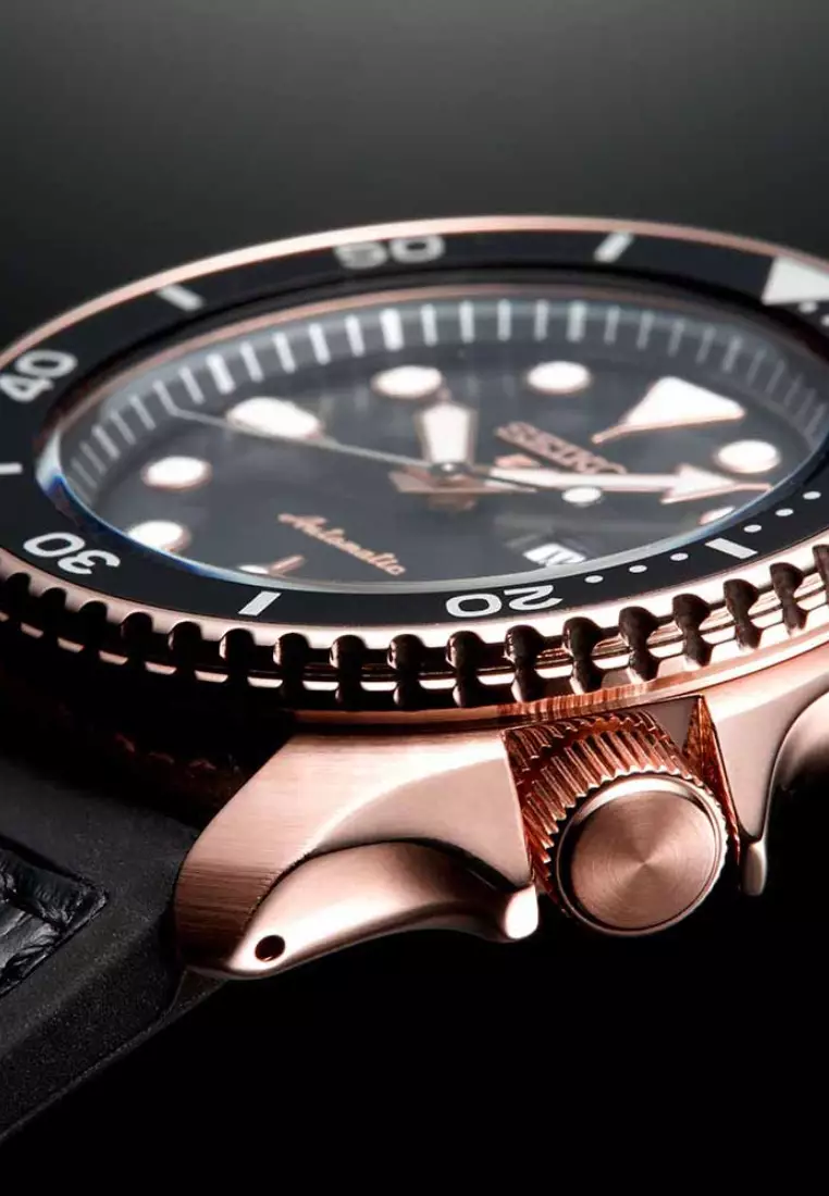 Seiko 5 Sports SKX Series Black Dial With Rose Gold Accents Black Silicone Band Automatic Watch SRPD76K1