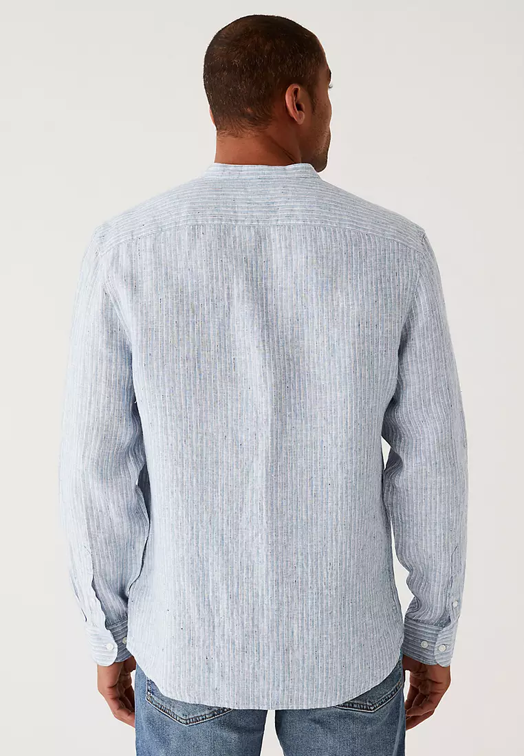 Pure Linen Striped Grandad Collar Shirt