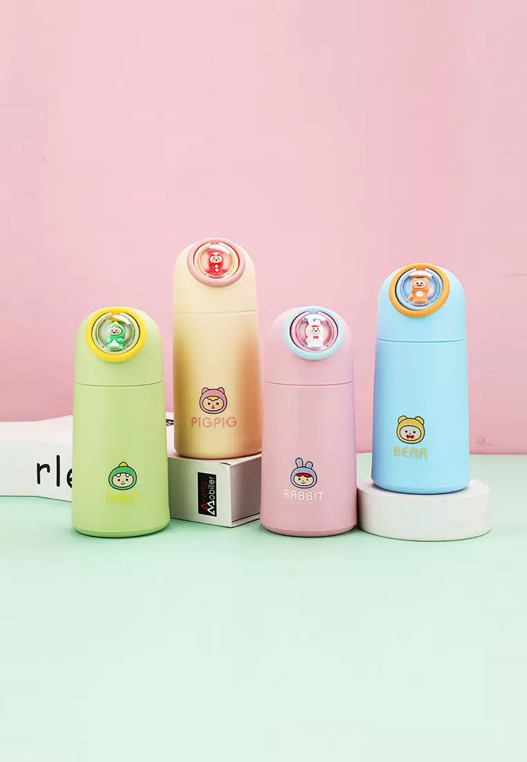 Wakakids Botol Minum Kaca Anak Food Grade Minimalis 350ml Motif Karakter Baby Dino Venrz Pink