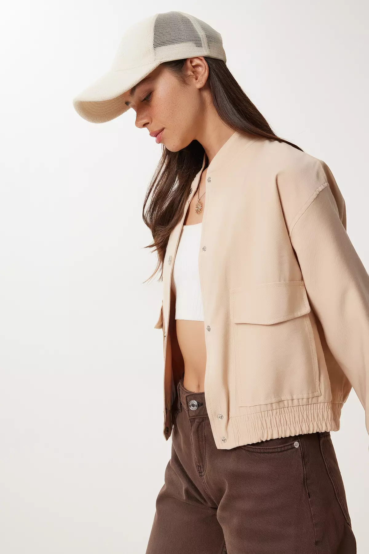 Women's Cream Gabardine Bomber Jacket With Flap Pockets Mx00235