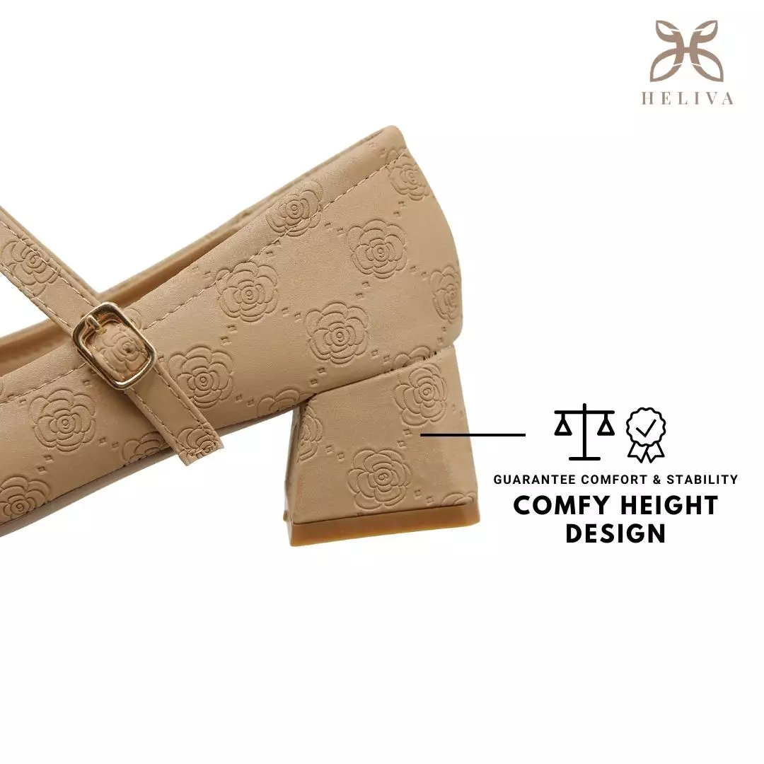 Heliva Kimmy Marry Jane Shoes Heels Chunky Embossed Flower Sol 5cm