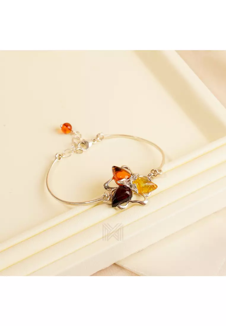 Multifaceted Baltic Amber Triangle Composition Silver Bracelet with 925 Sterling Silver