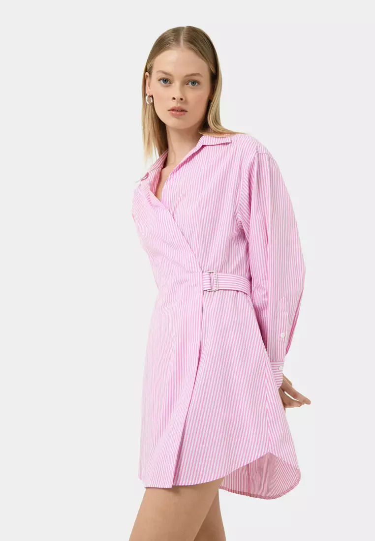 pink wrap shirt dress AX Paris Hot Pink Three-Quarter Sleeve Gathered Wrap Shirt Mini Dress