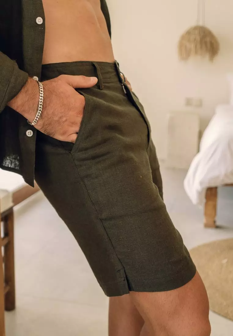 Midnight Green Celana Pendek Linen Pria Hijau Army | Linen Short Pants Men Army Green