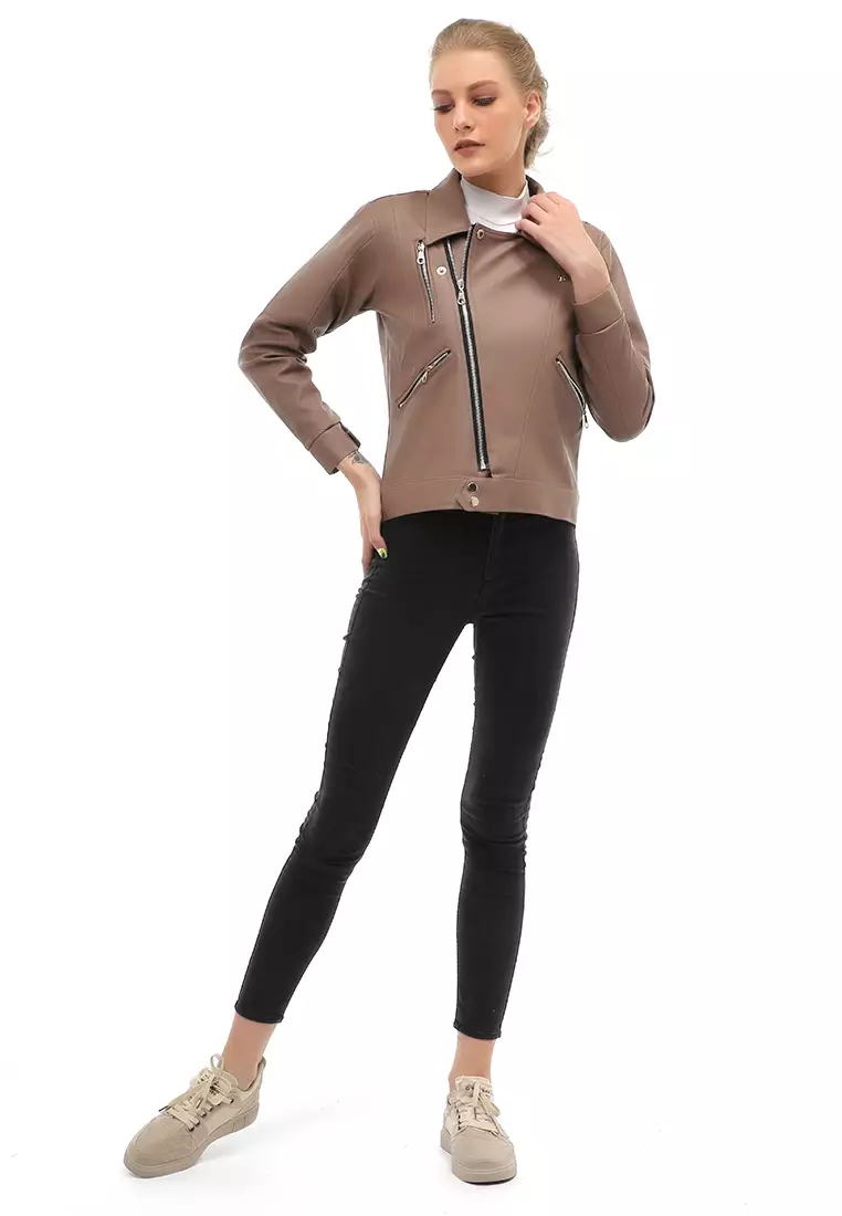 Glenice Jacket Outer Fashion Wanita Zipper Pocket Elegant Design Material Leather ORIGINAL - Mocca
