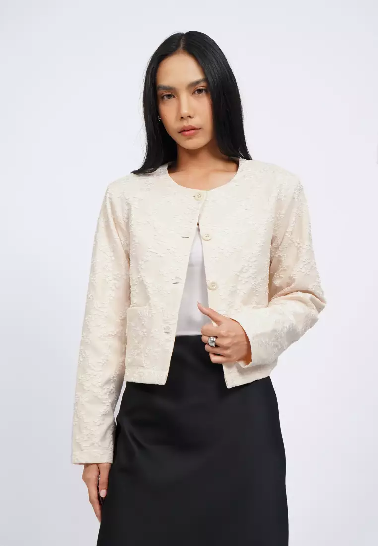 Round Neck Textured Crop Blazer