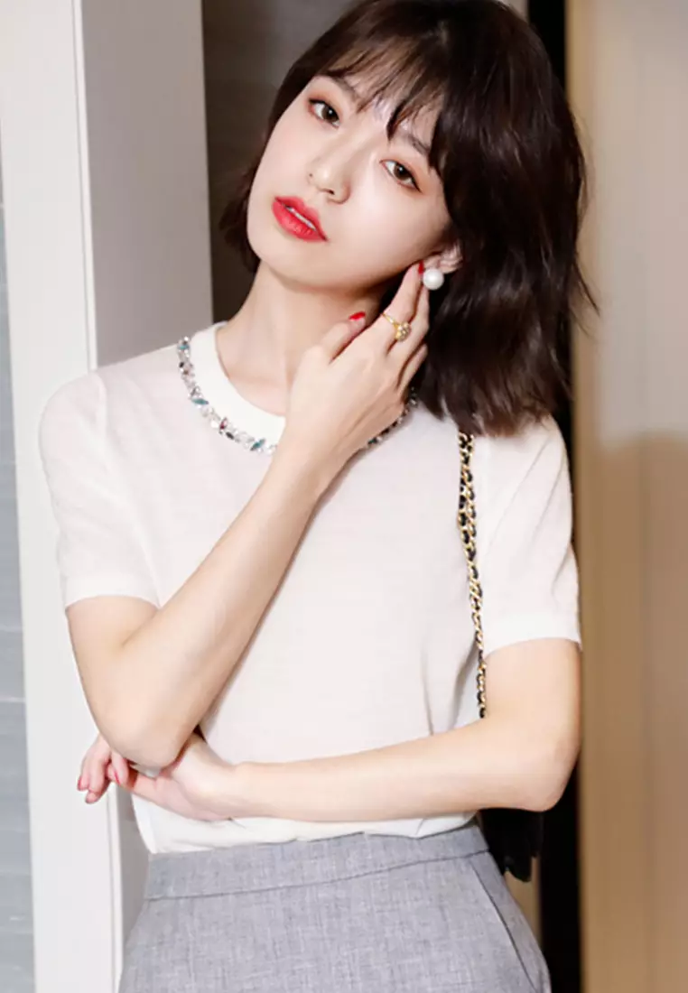Korean Style Woolen Beaded Ultra-Thin Top A21031903W
