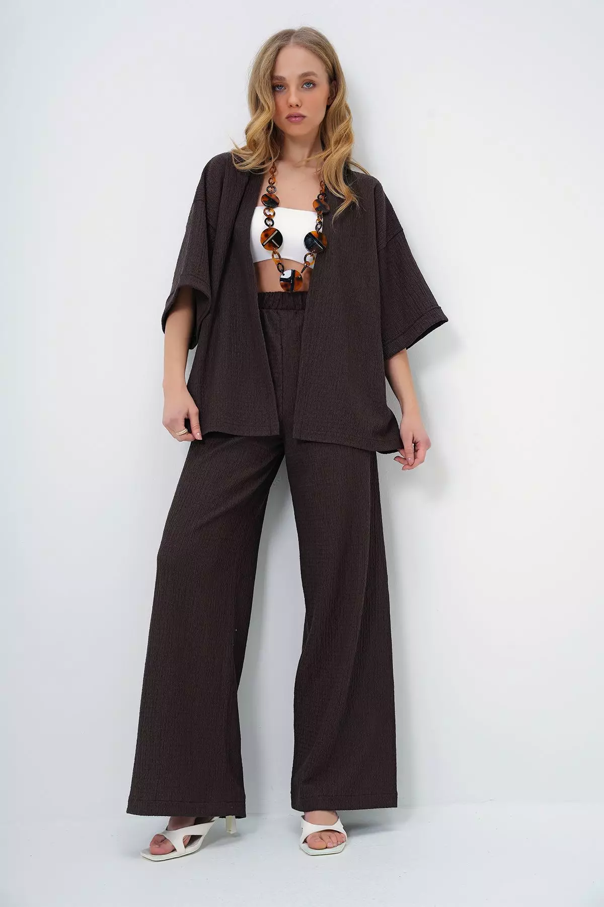 Women's Bitter Coffee Double Sleeve Crepe Fabric Summer Kimono and Trousers Set