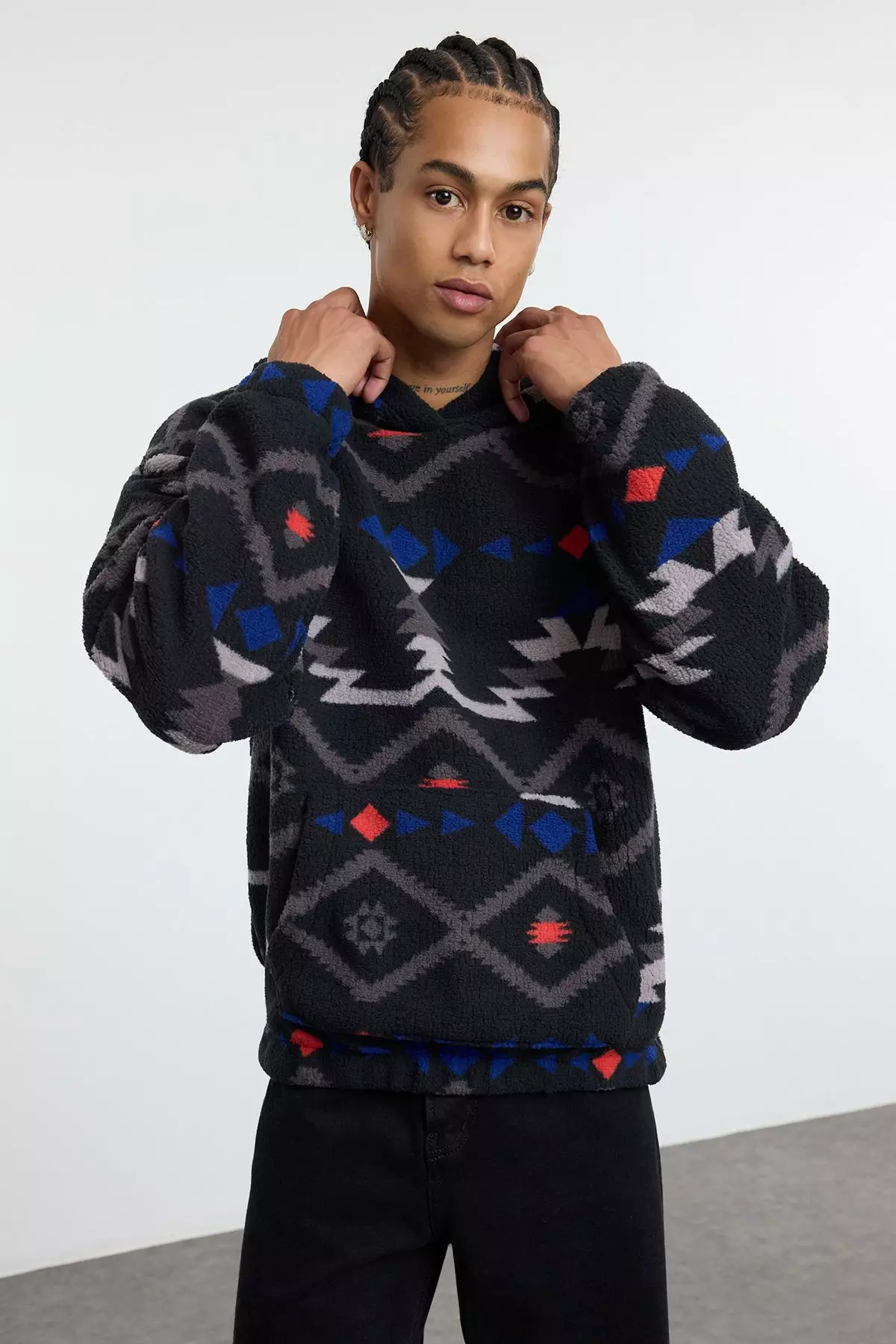 Black Unisex Oversize/Wide Cut Patterned Sherpa Fleece/Plush Hooded Sweatshirt TMNAW25SW00147