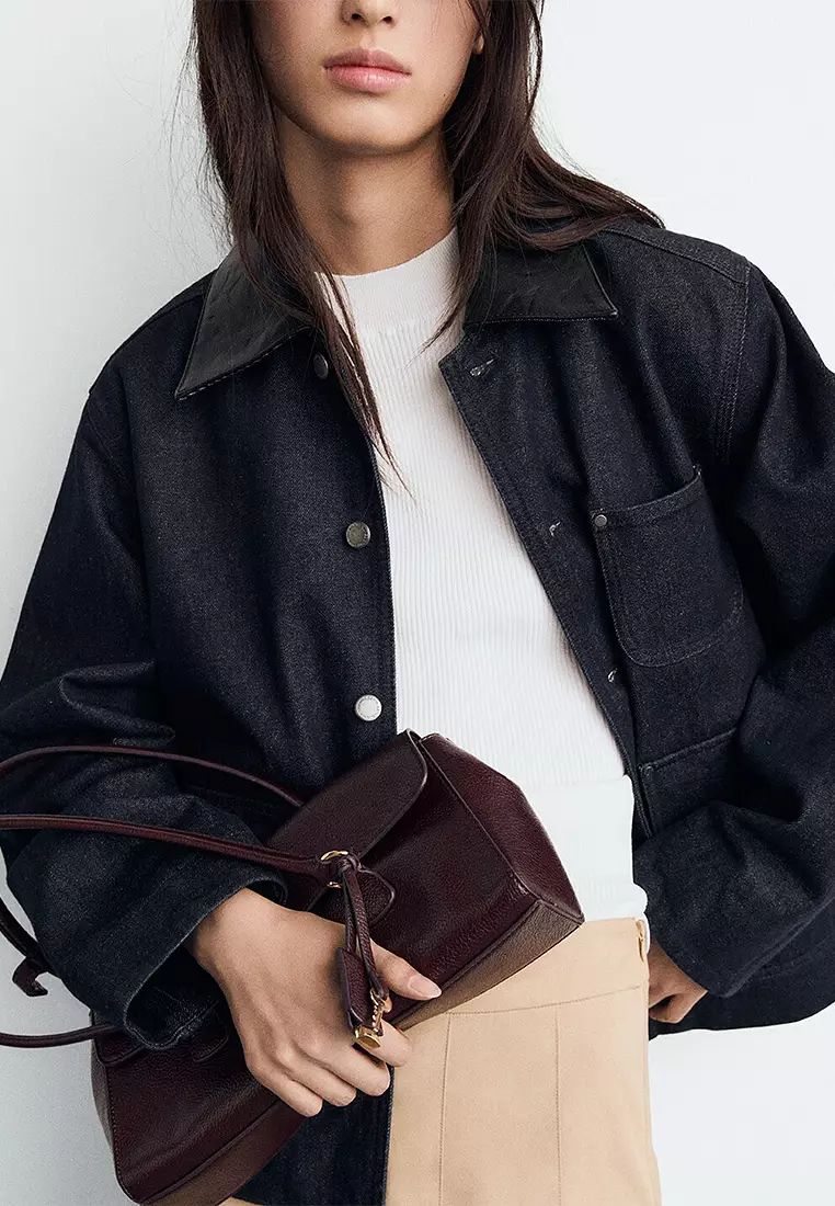 Denim Jacket With Leather-Effect Collar