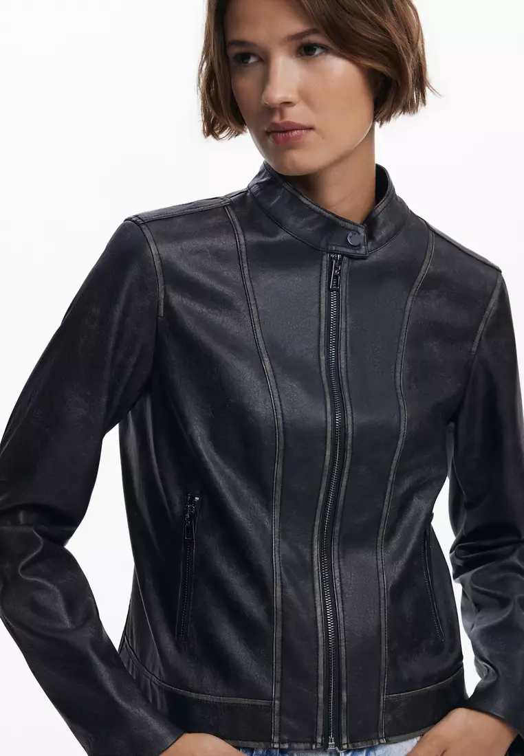 Jacket with worn leather effect